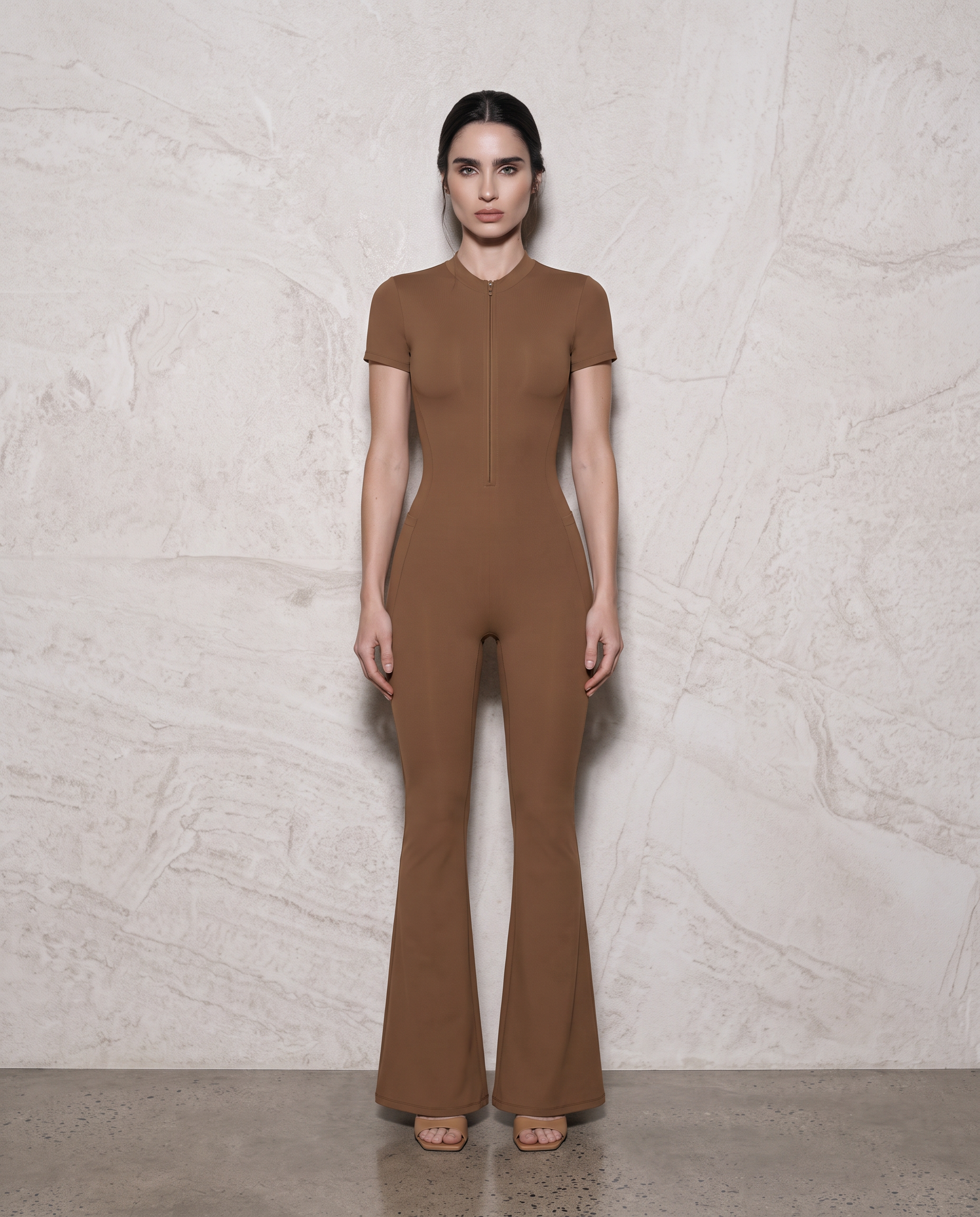 Vesper Flared Zip Jumpsuit (Cocoa Brown)