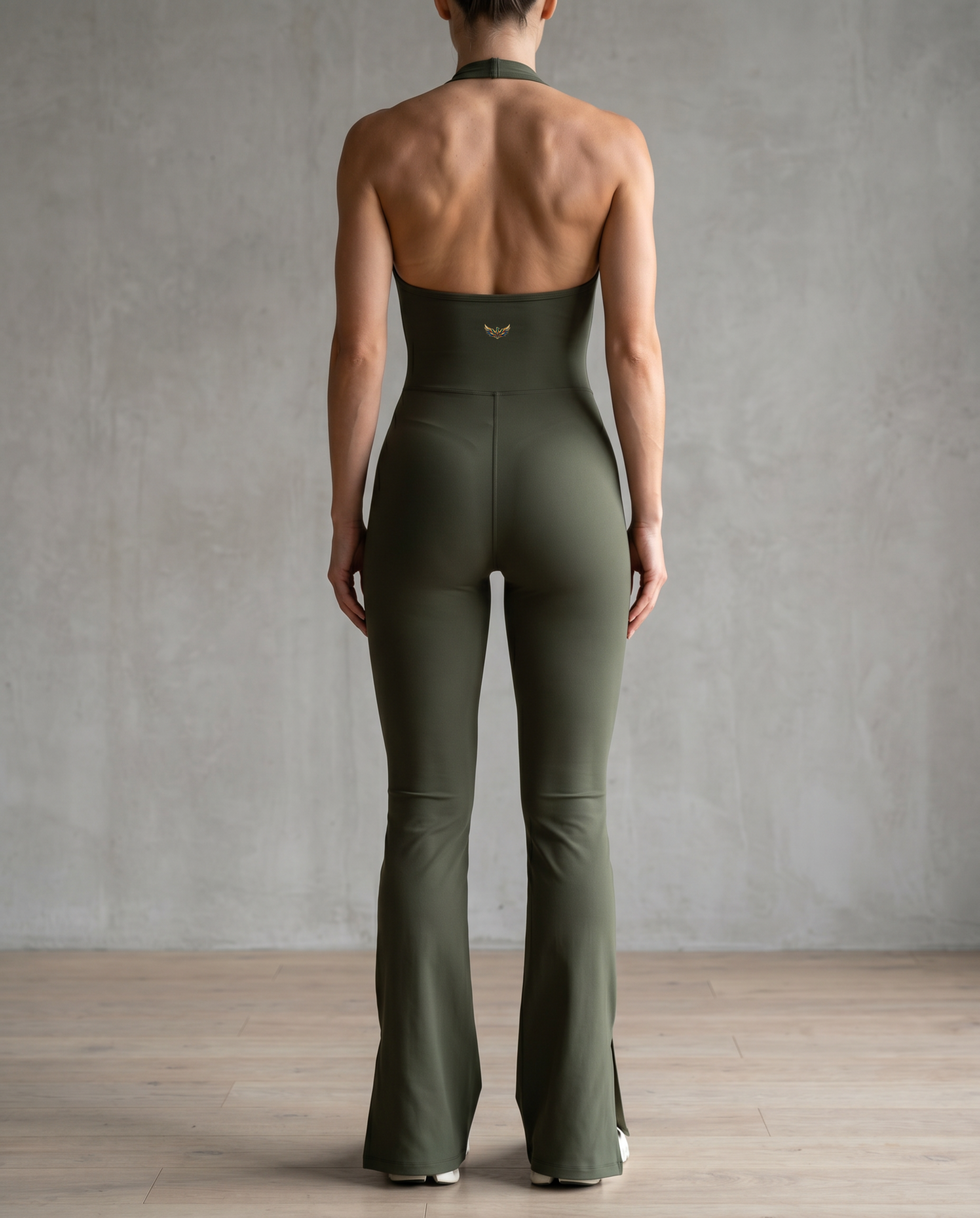 Amara Halter Flare Jumpsuit (Army Green)